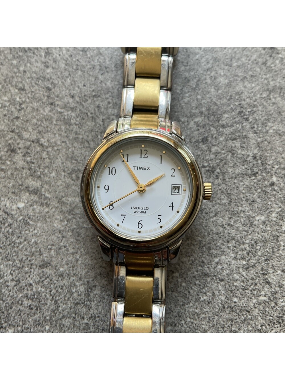 Timex Womens Two Tone Stainless Steel Watch White Dial With Indiglo Function B-E